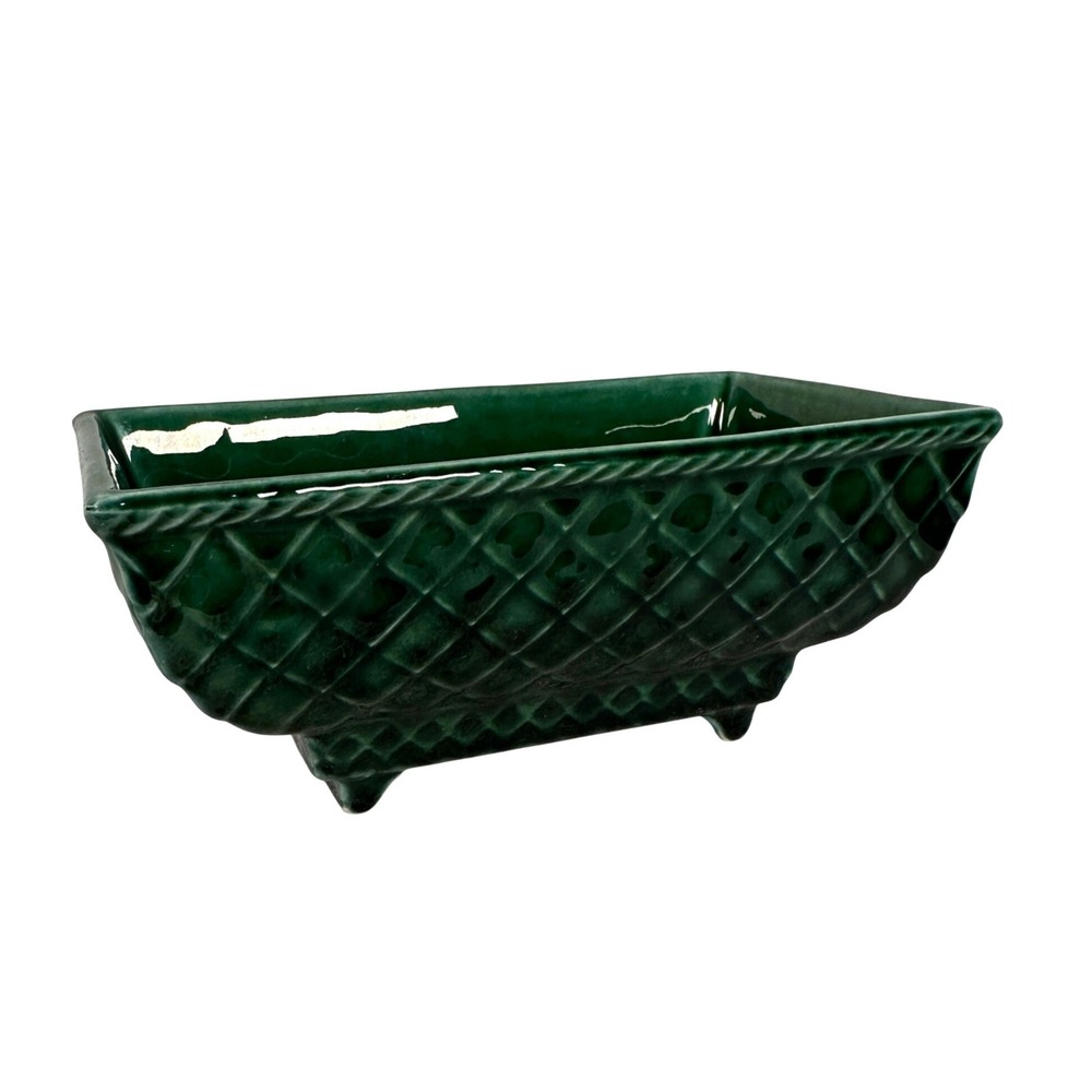 Vintage MCM USA Pottery Mid Century Green Quilt Diamond Foot Planter Rectangular